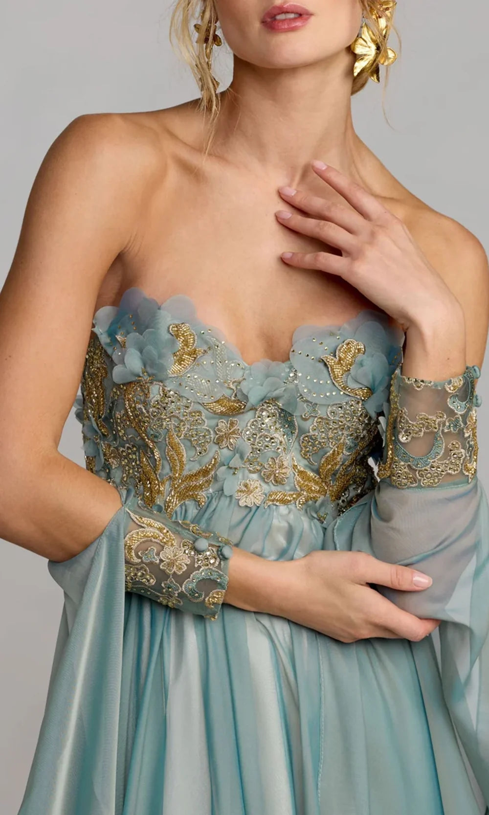 Mac Duggal 11896 - Draped Cape Sleeve Empire Evening Gown In Blue