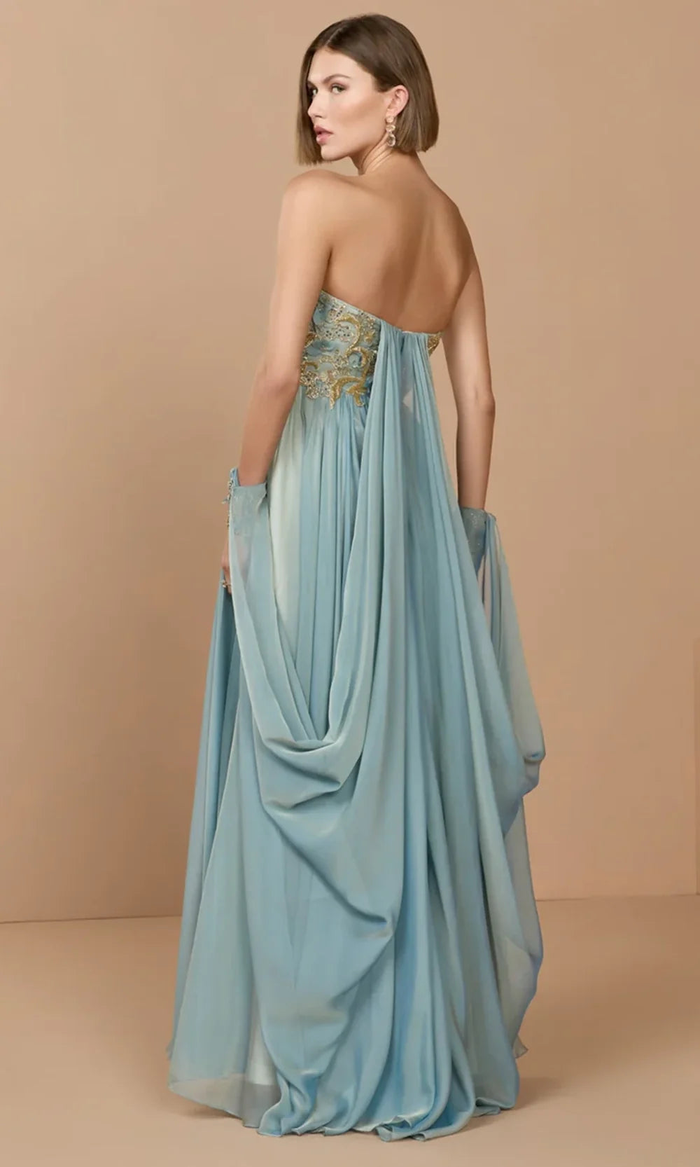 Mac Duggal 11896 - Draped Cape Sleeve Empire Evening Gown In Blue