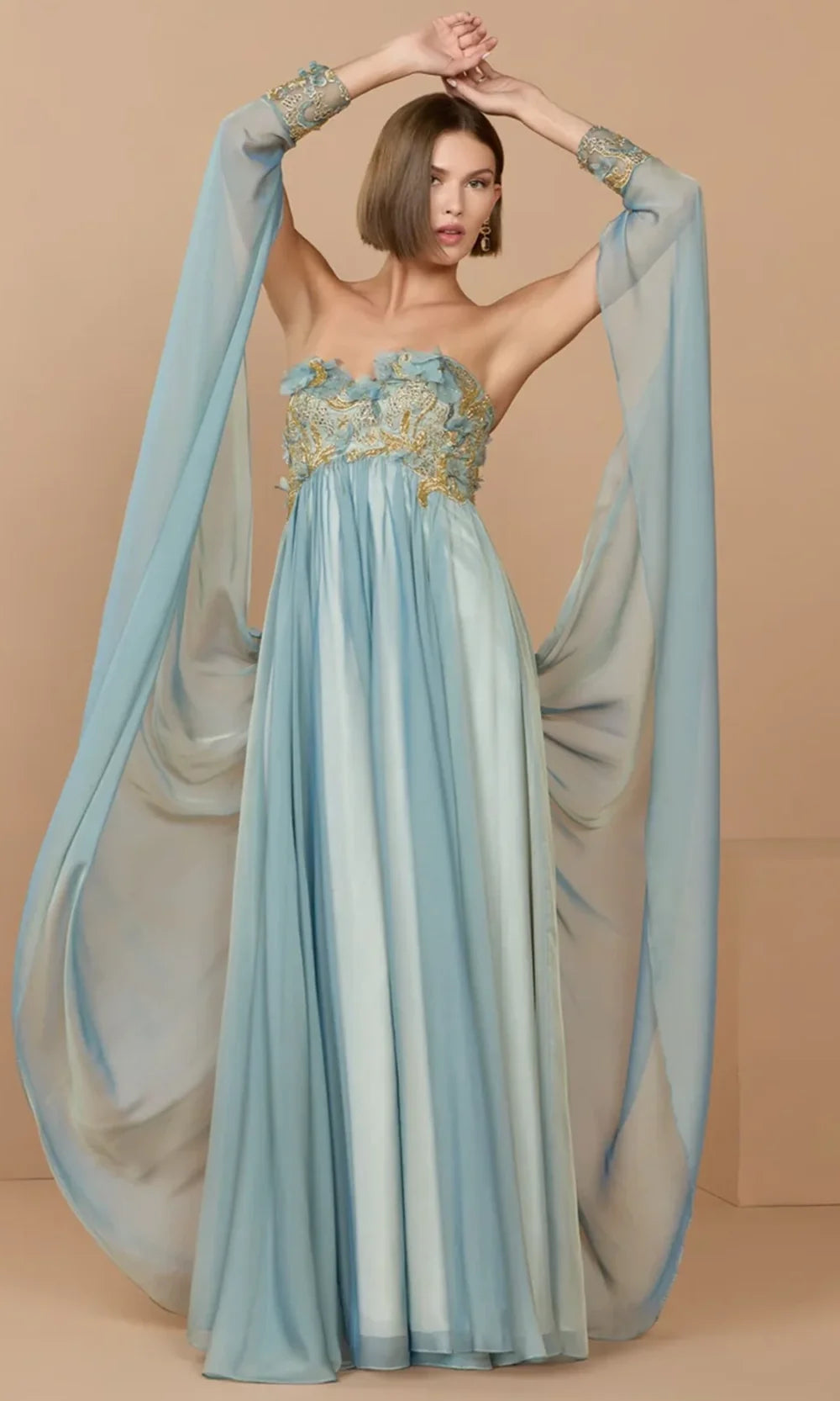 Mac Duggal 11896 - Draped Cape Sleeve Empire Evening Gown In Blue