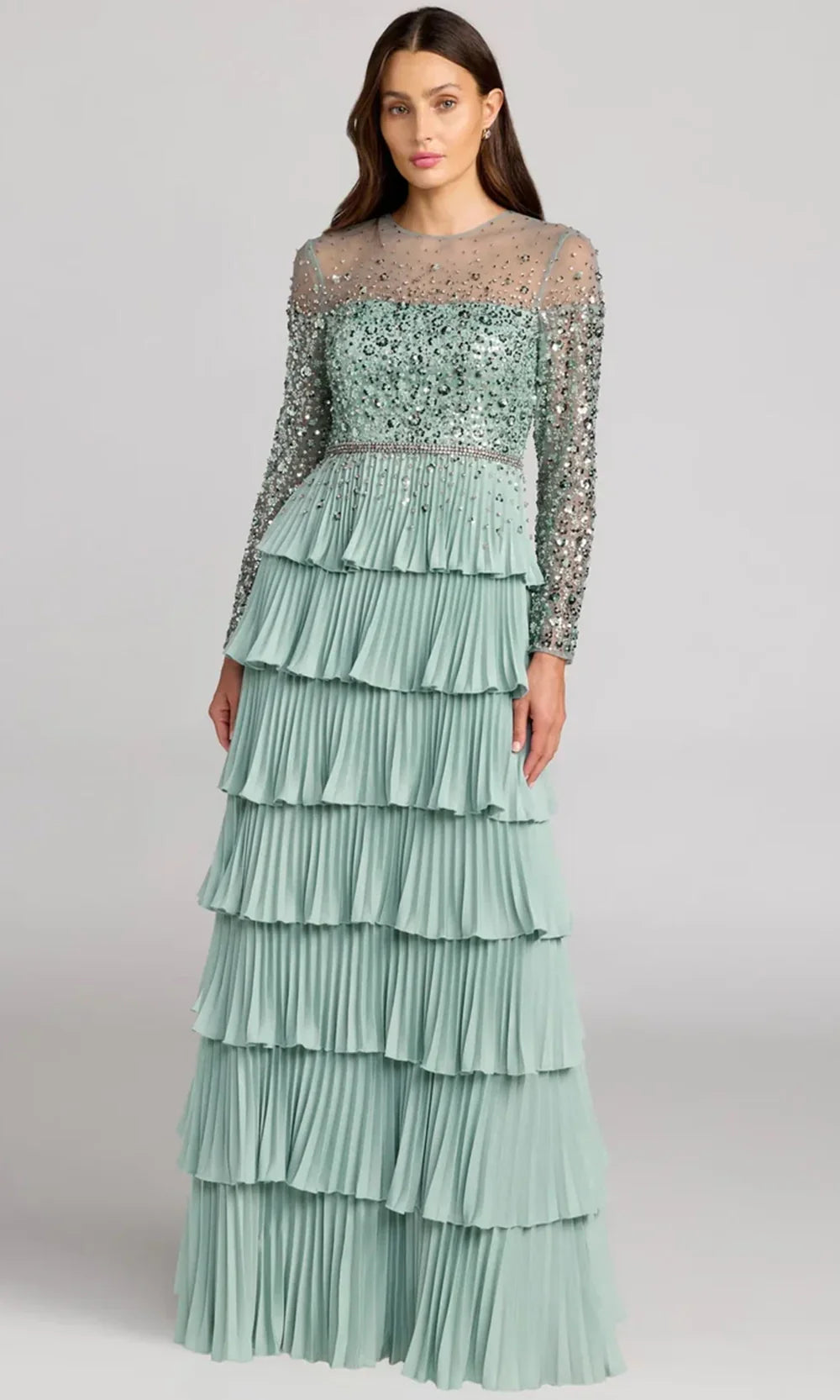 Mac Duggal 11903 - Jewel Neck Tiered A-Line Gown Mother of the Bride Dresses in Sage  