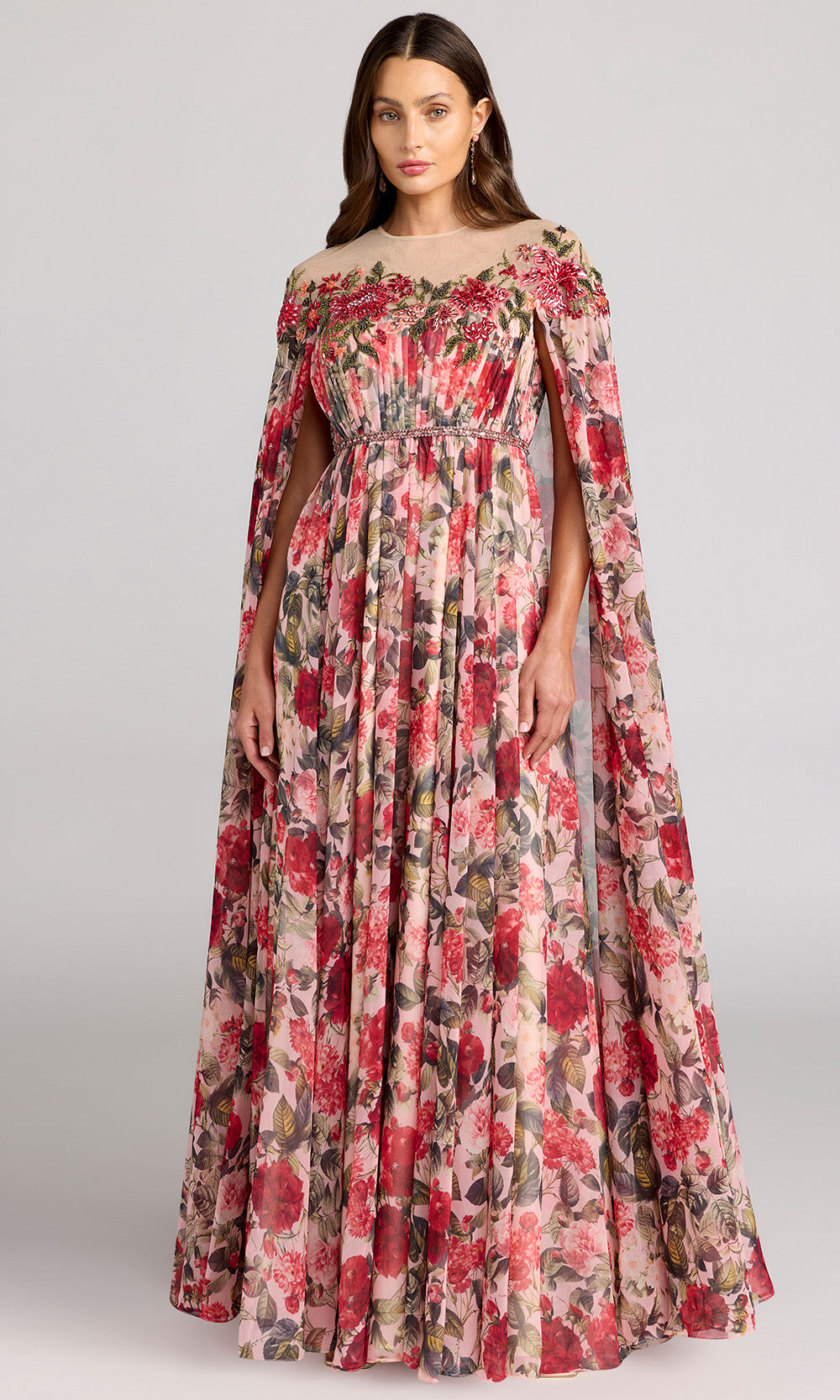 Mac Duggal 11907 - Cape Sleeve Floral A-Line Long Gown Mother Of The Bride Dresses in Pink and Multi