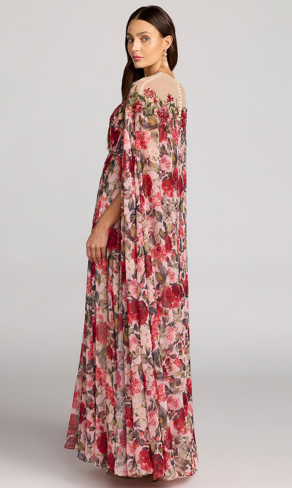 Mac Duggal 11907 - Cape Sleeve Floral A-Line Long Gown Mother Of The Bride Dresses in Pink and Multi
