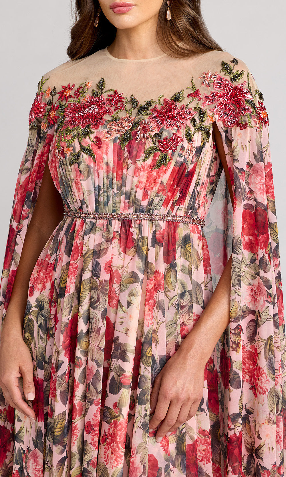 Mac Duggal 11907 - Cape Sleeve Floral A-Line Long Gown Mother Of The Bride Dresses in Pink and Multi