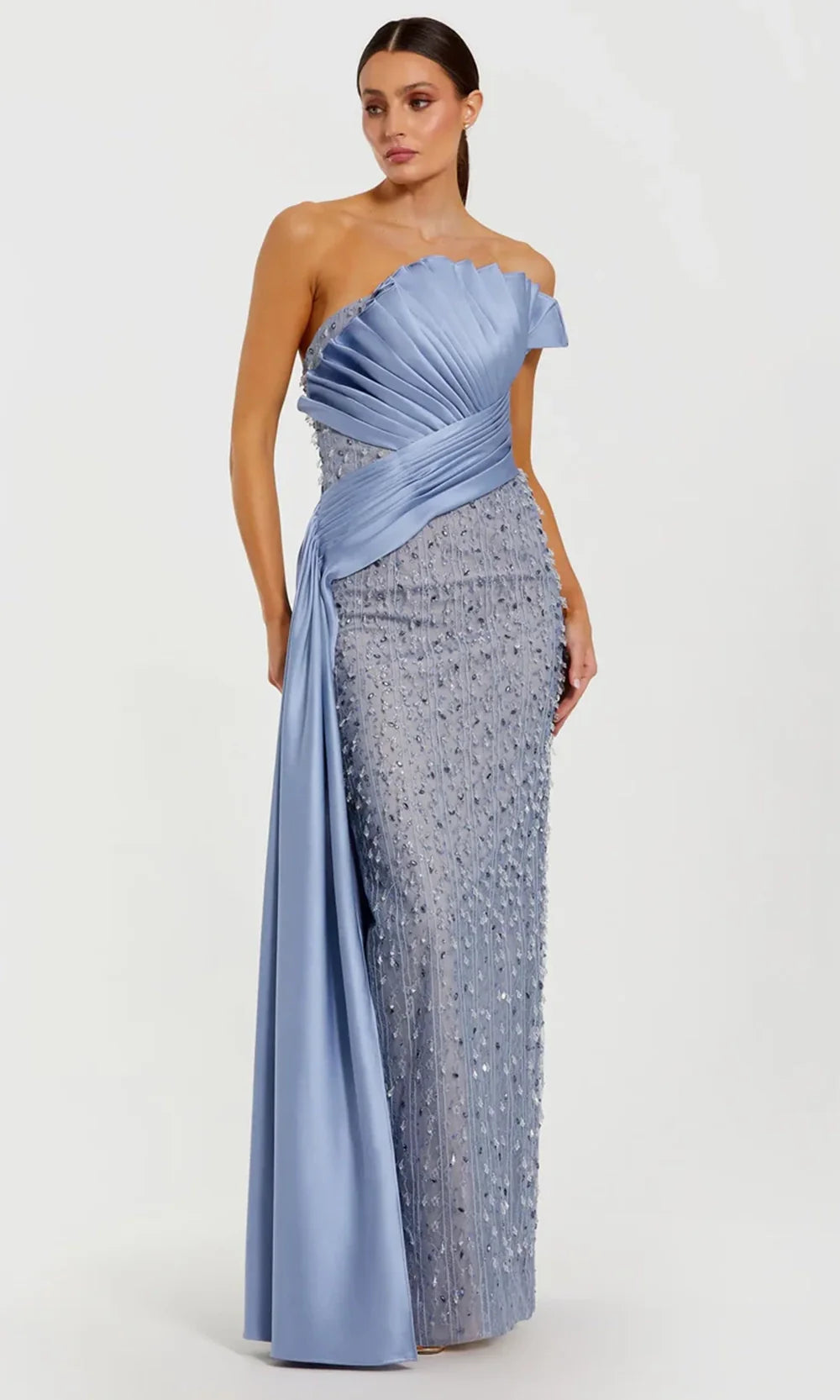 Mac Duggal 11909 - Strapless Beaded Lace Gown with Back Slit Prom Dresses in Blue  