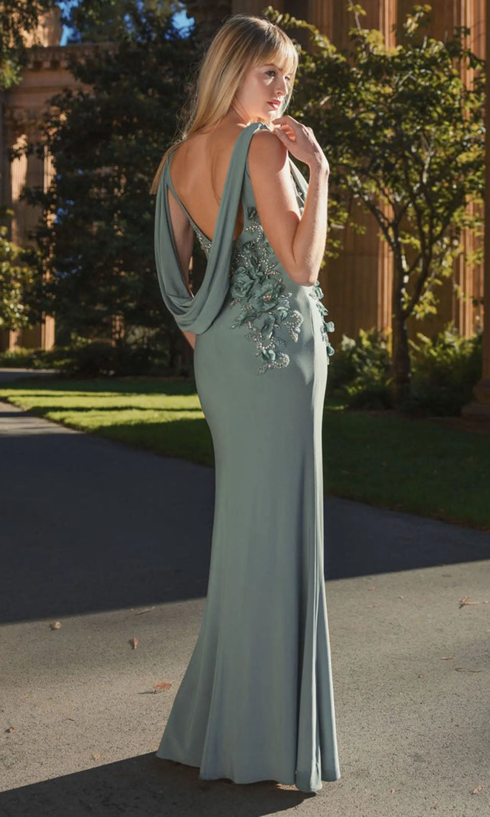 Mac Duggal 11910 - Cowl Neck Embellished Sheath Gown Evening Dresses