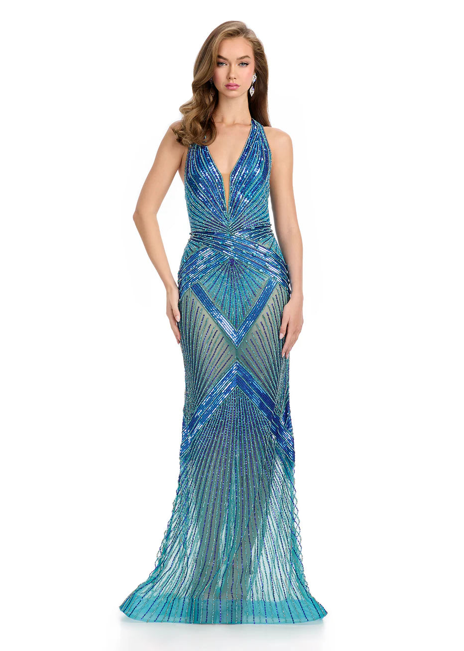 Ashley Lauren 11956 - Fully Beaded Halter Evening Gown