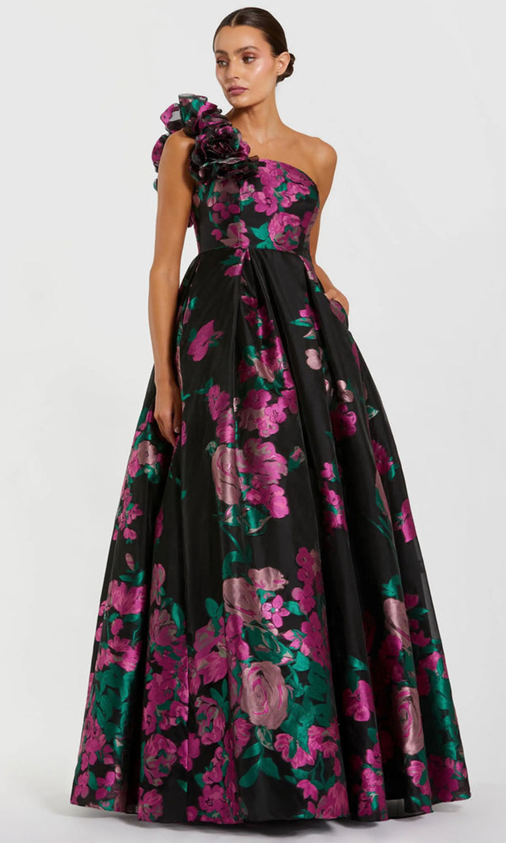 Mac Duggal 11967 - Ruffle Shoulder Floral Brocade Gown Prom Dresses in Black and Multi