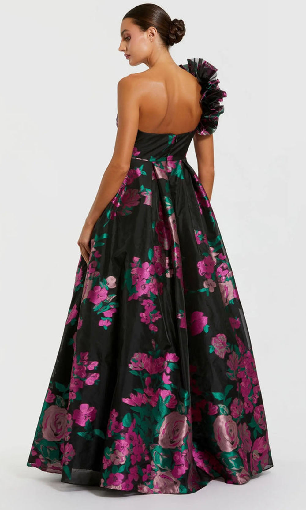 Mac Duggal 11967 - Ruffle Shoulder Floral Brocade Gown Prom Dresses in Black and Multi