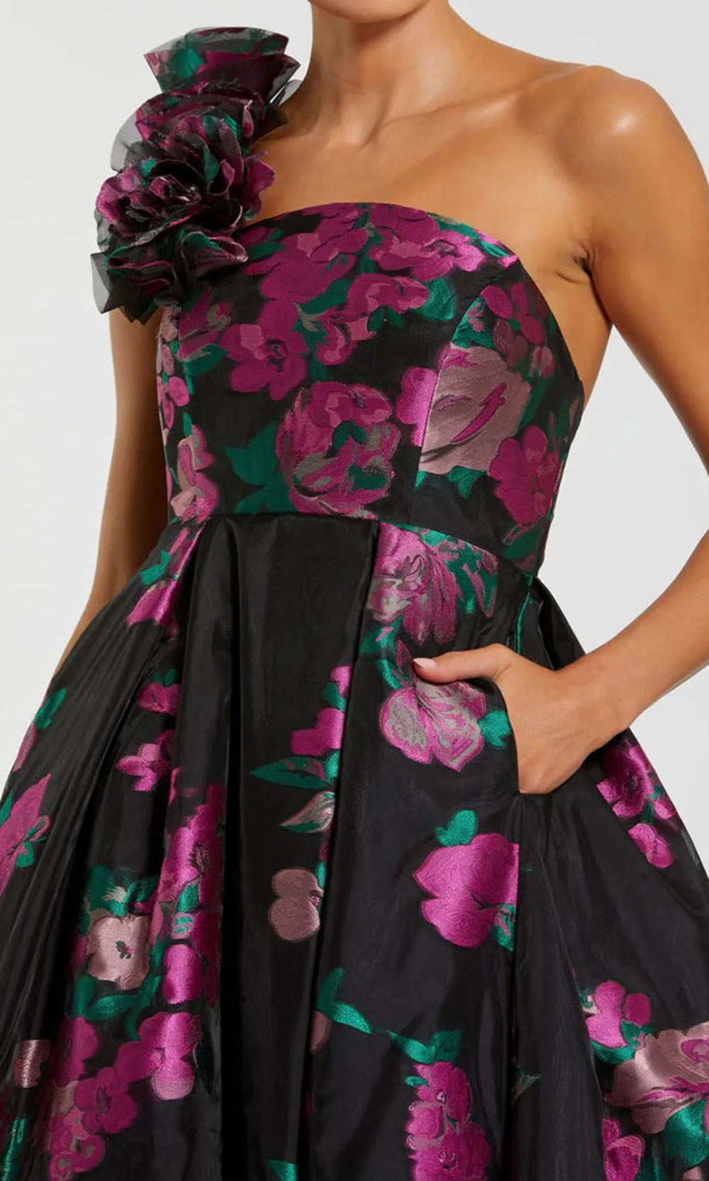 Mac Duggal 11967 - Ruffle Shoulder Floral Brocade Gown Prom Dresses in Black and Multi