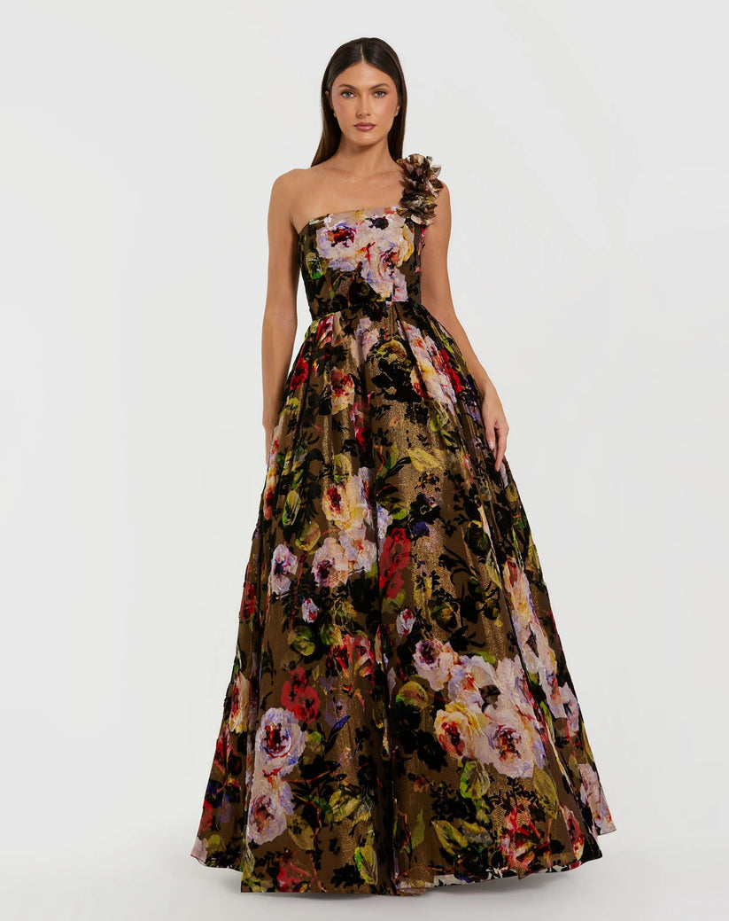 Mac Duggal 11979 - Asymmetric Floral Velvet Ballgown In Black and Multi