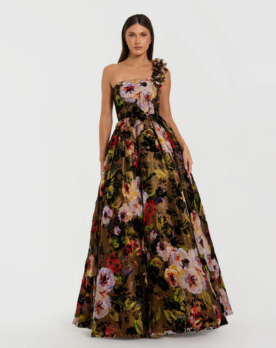 Mac Duggal 11979 - Asymmetric Floral Velvet Ballgown In Black and Multi
