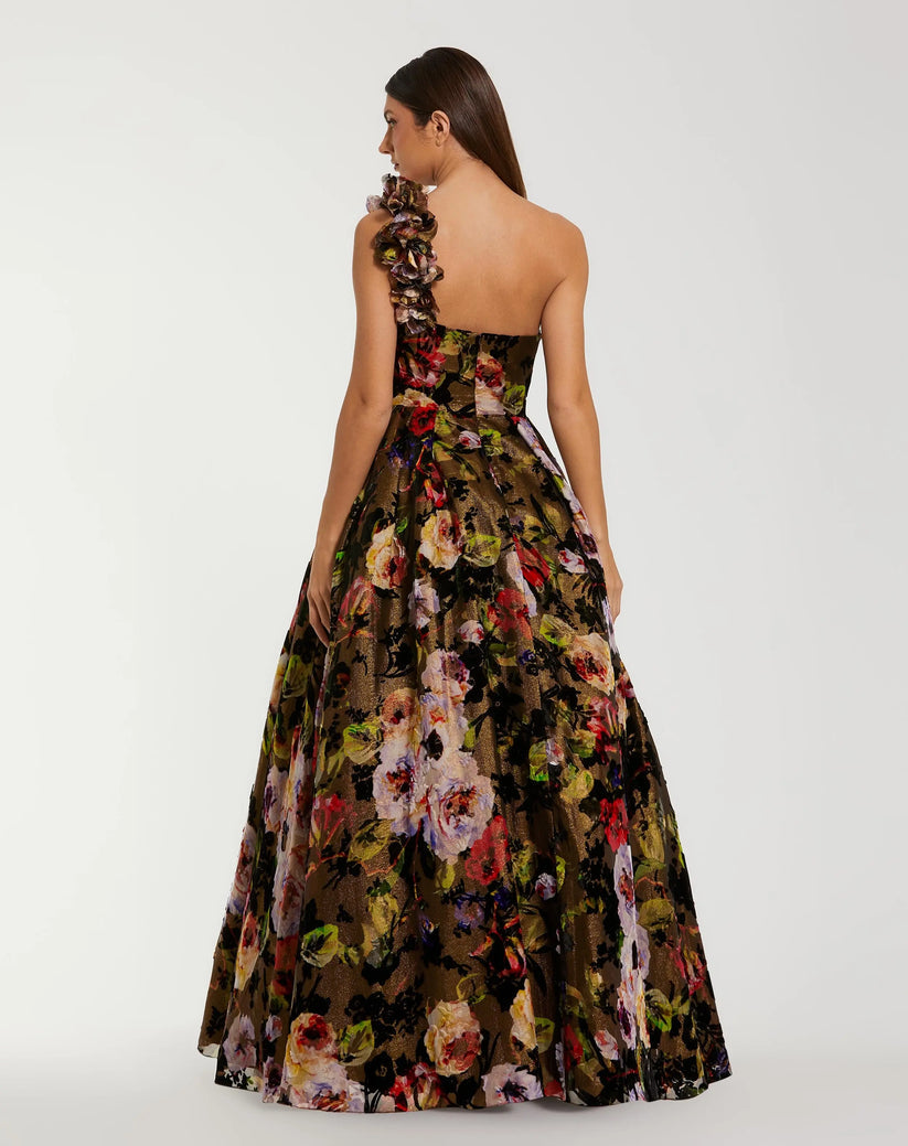 Mac Duggal 11979 - Asymmetric Floral Velvet Ballgown In Black and Multi