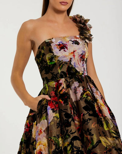 Mac Duggal 11979 - Asymmetric Floral Velvet Ballgown In Black and Multi