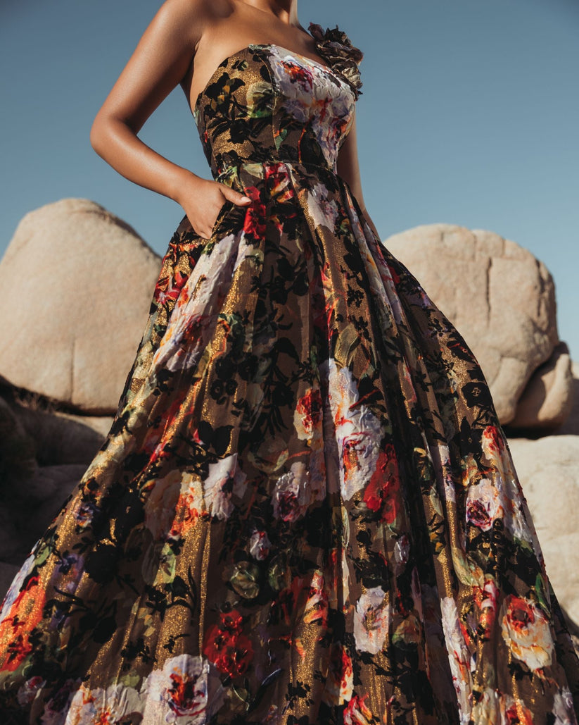 Mac Duggal 11979 - Asymmetric Floral Velvet Ballgown In Black and Multi