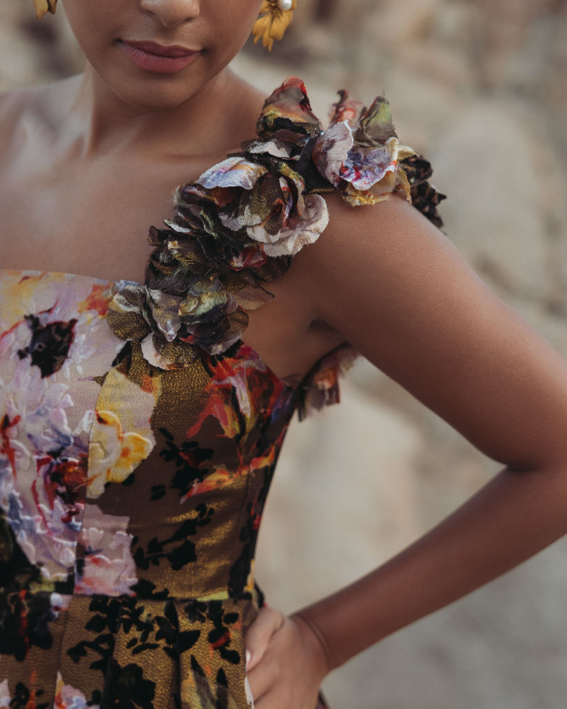 Mac Duggal 11979 - Asymmetric Floral Velvet Ballgown In Black and Multi