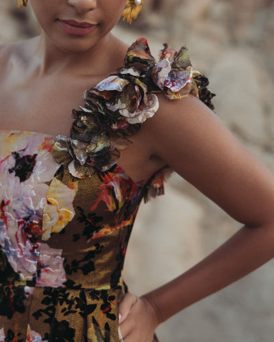 Mac Duggal 11979 - Asymmetric Floral Velvet Ballgown In Black and Multi