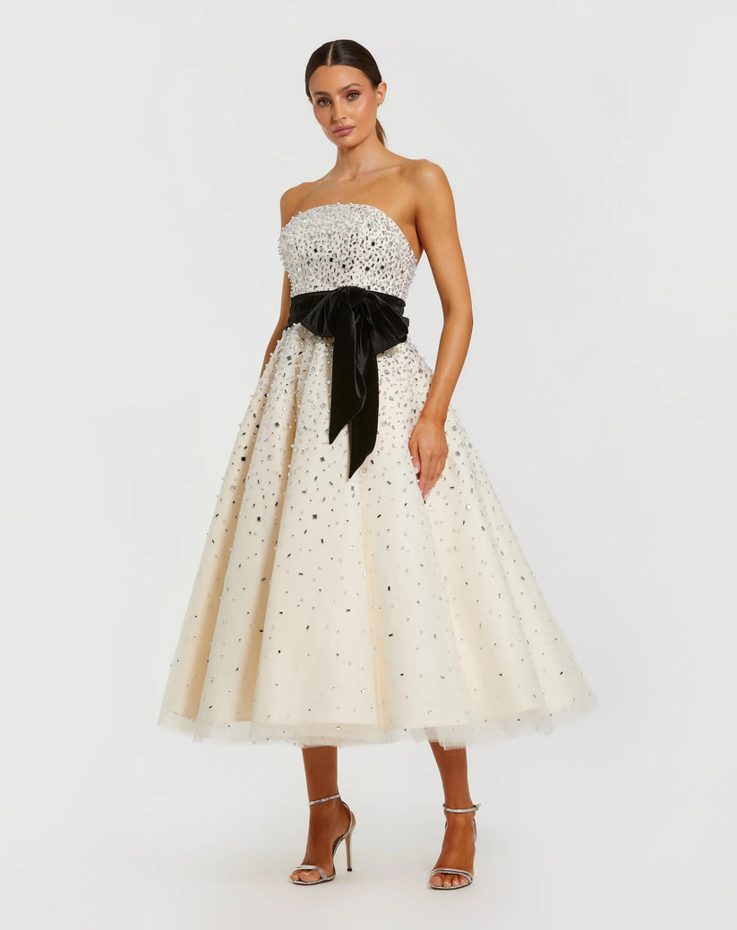 Mac Duggal 11983 - Strapless Tea-Length Beaded Tulle Dress In Black and Yellow