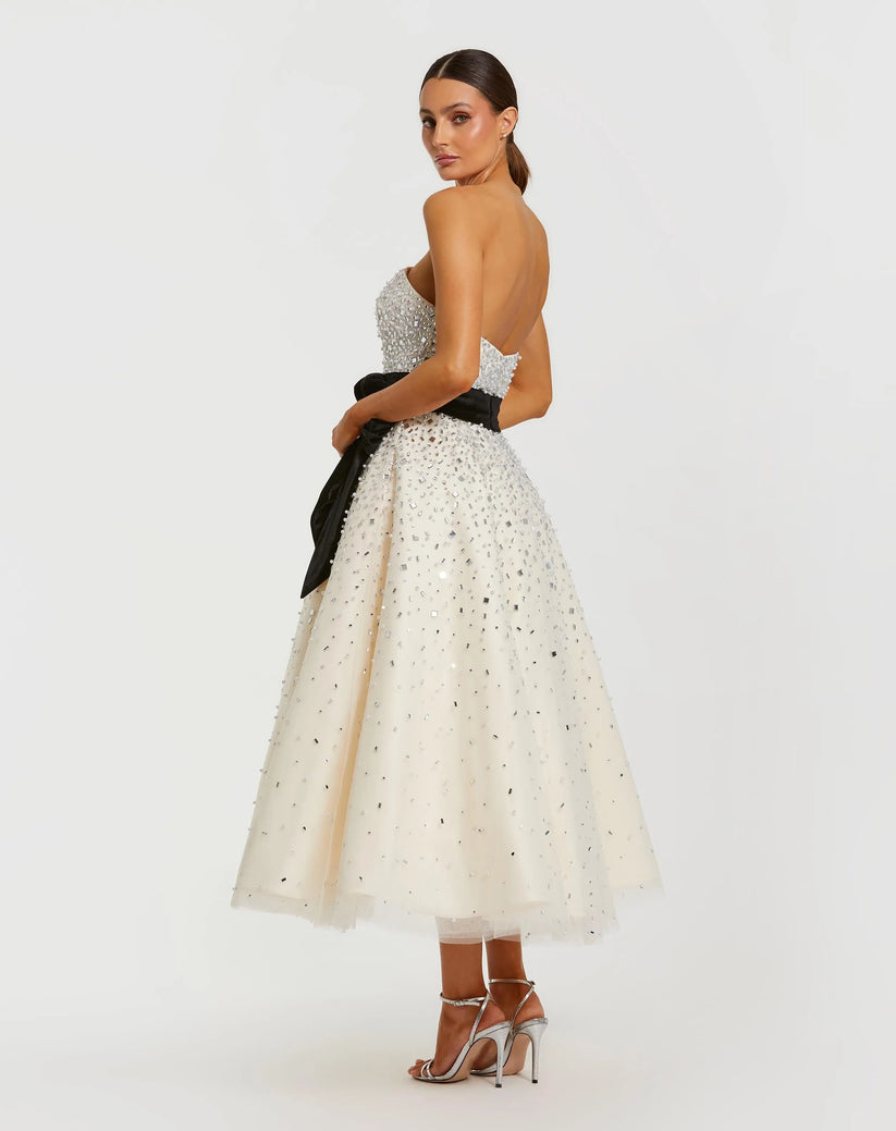 Mac Duggal - White Embellished Strapless Midi Dress with Velvet Bow - Black Cream / US 10 Mac Duggal - White Embellished Strapless Midi Dress with Velvet Bow - Black Cream / US 10