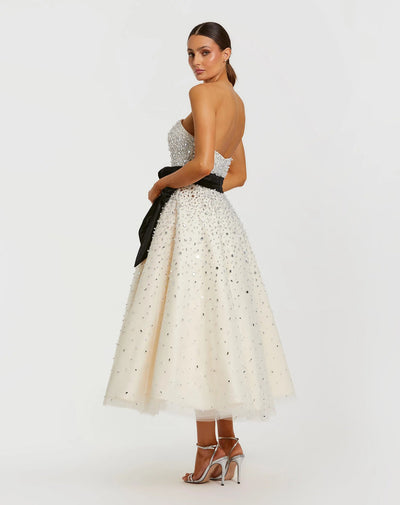 Mac Duggal 11983 - Strapless Tea-Length Beaded Tulle Dress In Black and Yellow