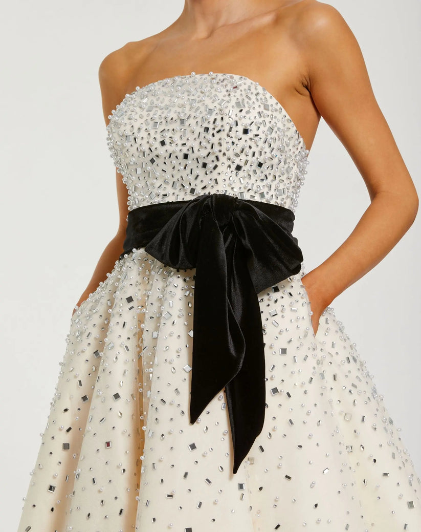Mac Duggal 11983 - Tea-Length Beaded tulle overlay with satin lining (100% polyester) A-line Dress - Strapless, Velvet Bow Waistband, Hand-Embellished Pearls, Rhinestones, Mirror Accents, Open Back, Hidden Pockets ADASA Mac Duggal 11983 - Tea-Length Beaded tulle overlay with satin lining (100% polyester) A-line Dress - Strapless, Velvet Bow Waistband, Hand-Embellished Pearls, Rhinestones, Mirror Accents, Open Back, Hidden Pockets ADASA
