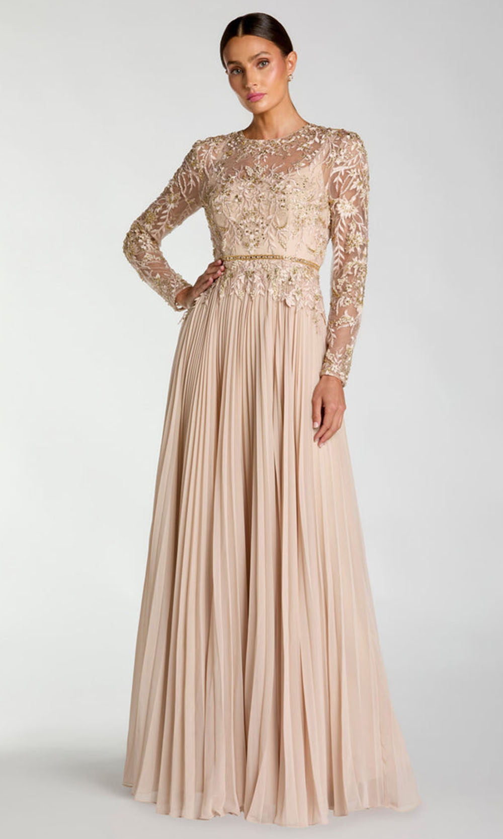 Mac Duggal 11986 - Illusion Bodice Pleated Chiffon Formal Gown Mother of the Bride Dresses in Taupe