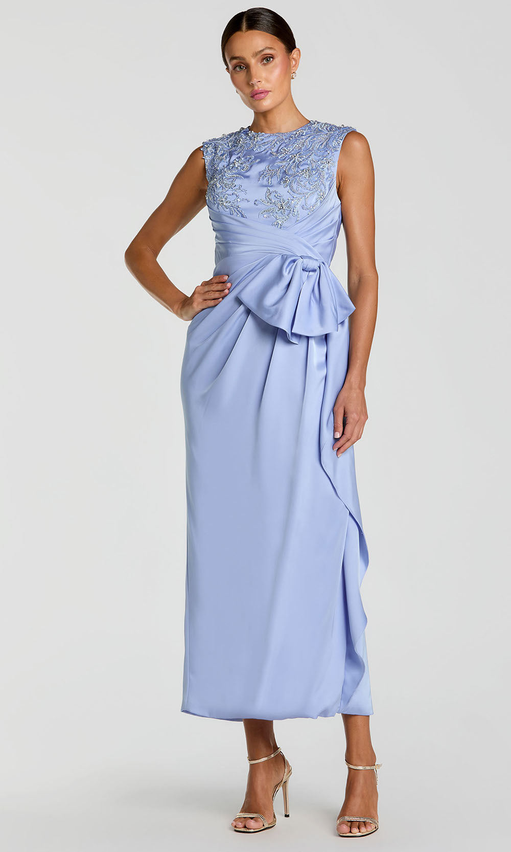 Mac Duggal 11989 - Pleated Waist Tea-Length Sleeveless Dress Mother of the Bride Dress in In Power Blue