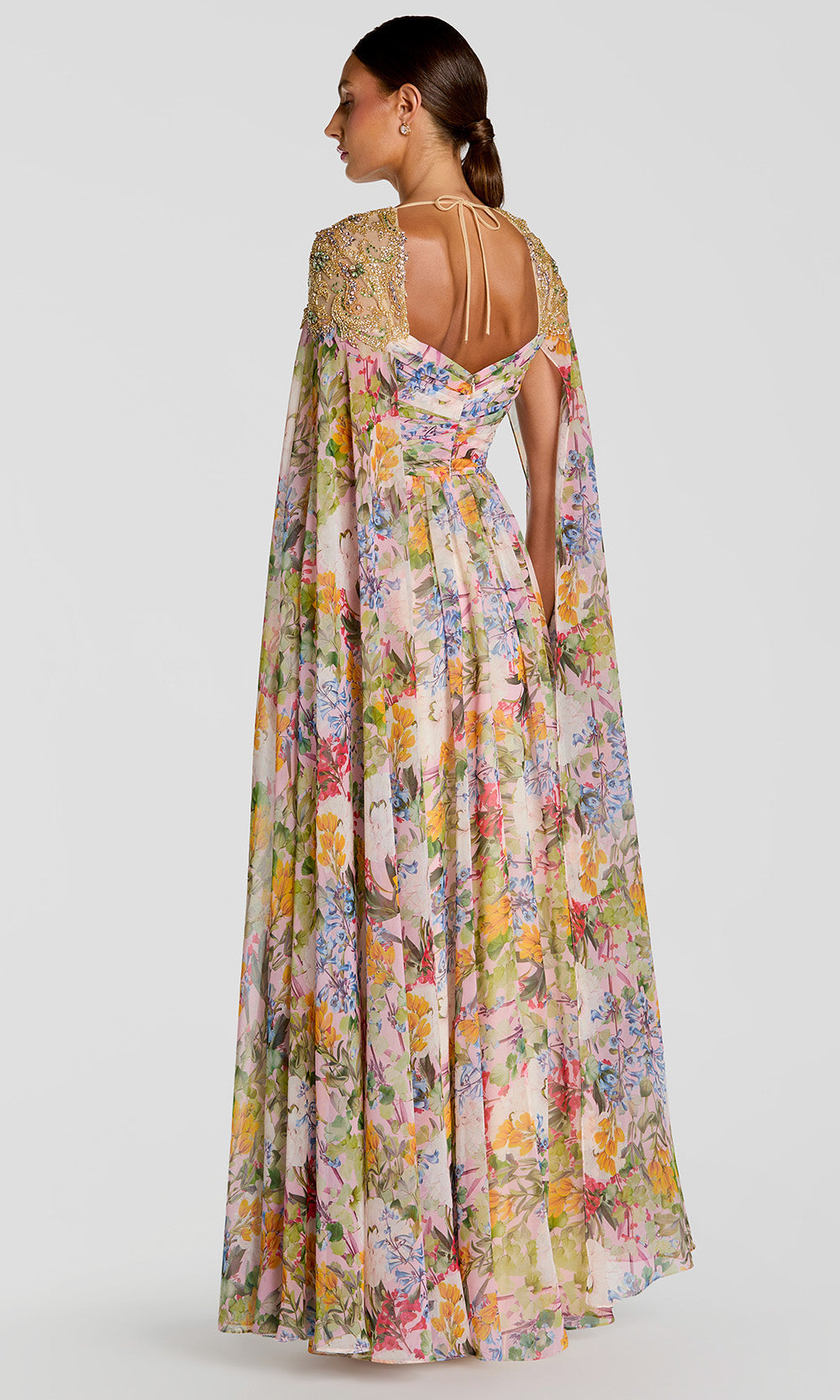 multicolor formal dress Mac Duggal Women's Printed Chiffon Gown With Beaded Cape Sleeves - Multi - Size 8 Lace Light Green Quinceanera IsDiscontinue Sequins Length Color:Gray Blue