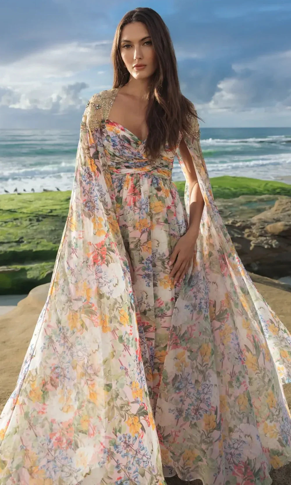 multicolor formal dress Mac Duggal Women's Printed Chiffon Gown With Beaded Cape Sleeves - Multi - Size 8 silhouette_A-line Elegant Olive Green Satin Full Length Sleeve Style Rental type:5 days