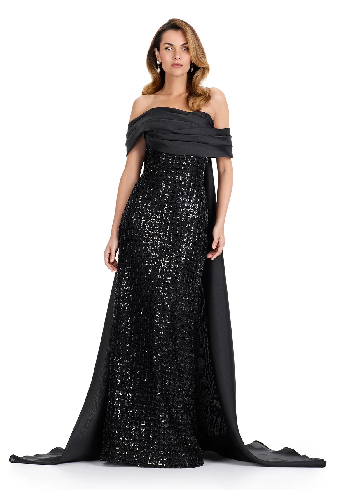 Ashley Lauren 12020 - Beaded Bodice Sheath Gown with Cape
