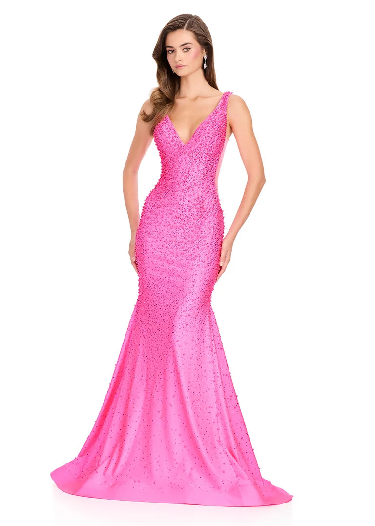 Ashley Lauren 12030 - V-Neck Pearl Beaded Jersey Gown