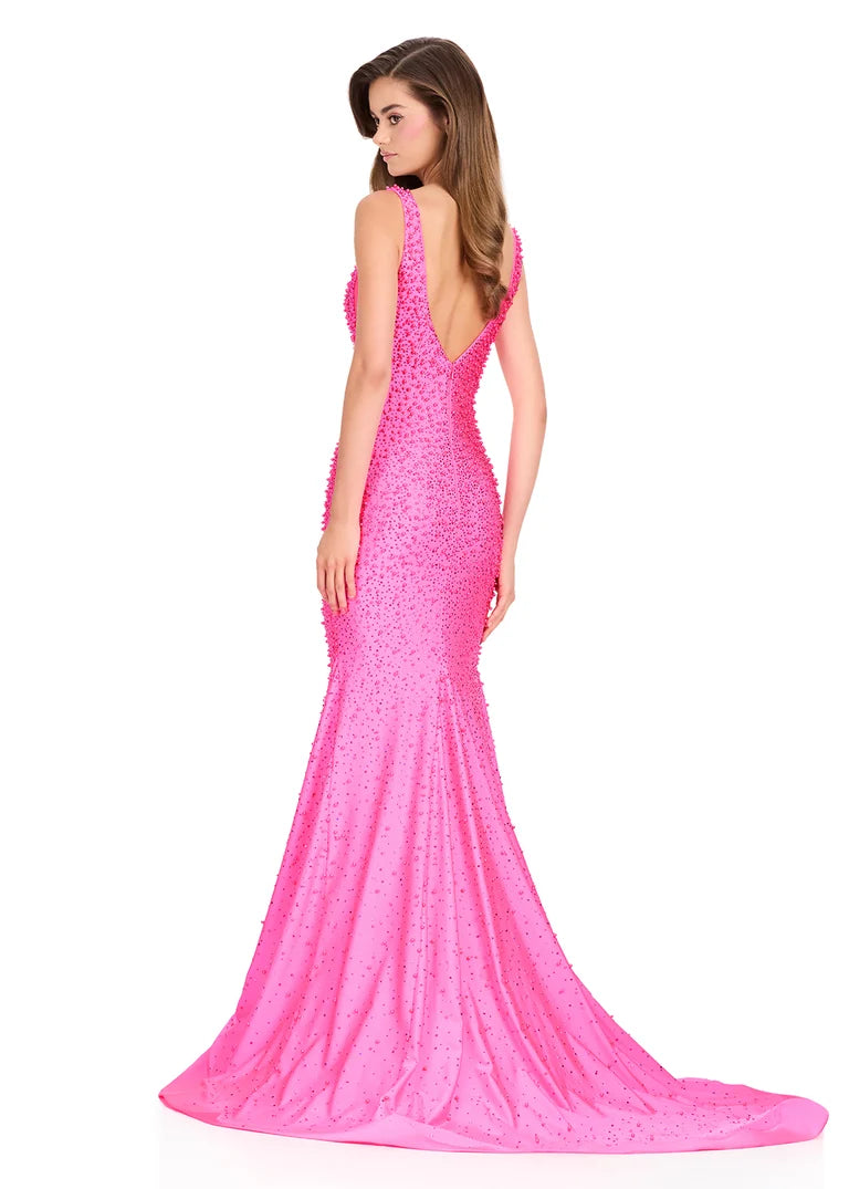 Ashley Lauren 12030 - V-Neck Pearl Beaded Jersey Gown