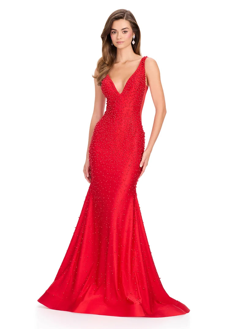 Ashley Lauren 12030 - V-Neck Pearl Beaded Jersey Gown