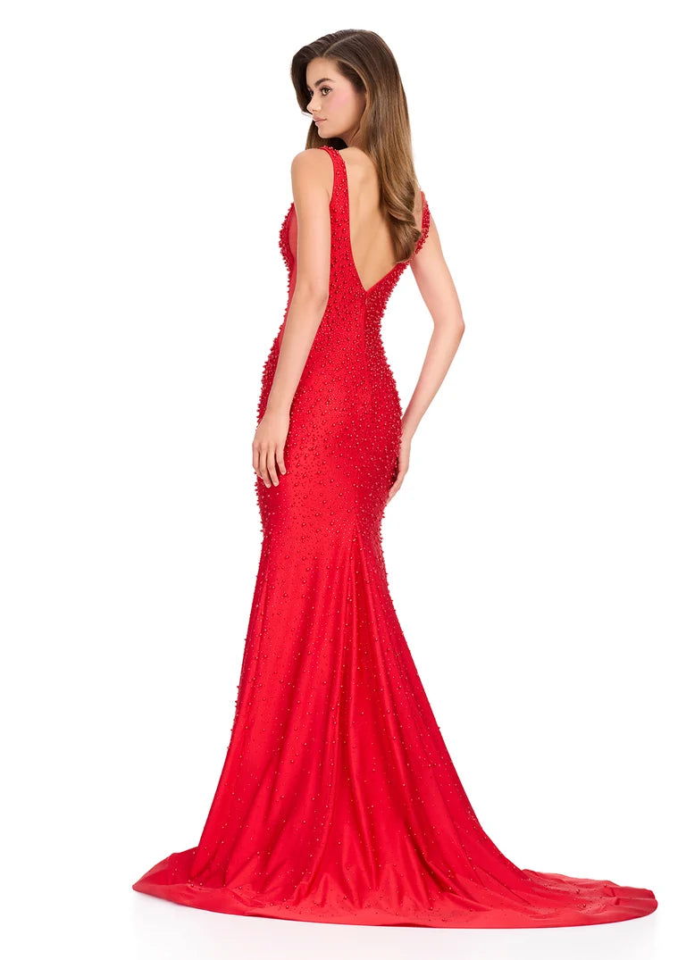 Ashley Lauren 12030 - V-Neck Pearl Beaded Jersey Gown