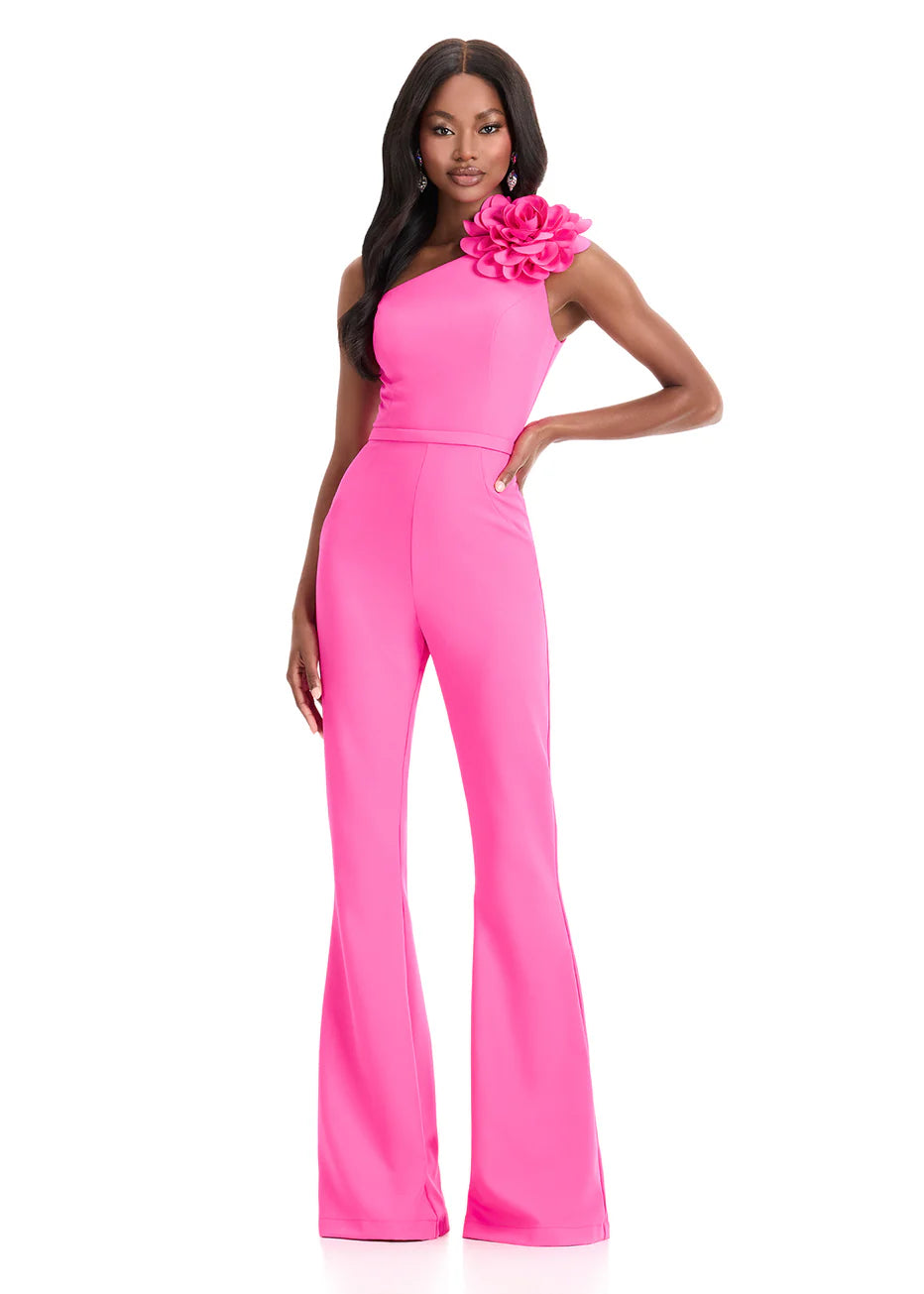 Ashley Lauren 12035 - Asymmetric Jersey Jumpsuit with Flower Detail