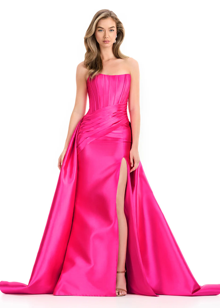 Ashley Lauren 12056 - Pleated Bodice Straight Neck Gown with Slit