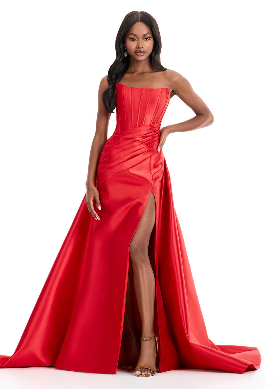 Ashley Lauren 12056 - Pleated Bodice Straight Neck Gown with Slit