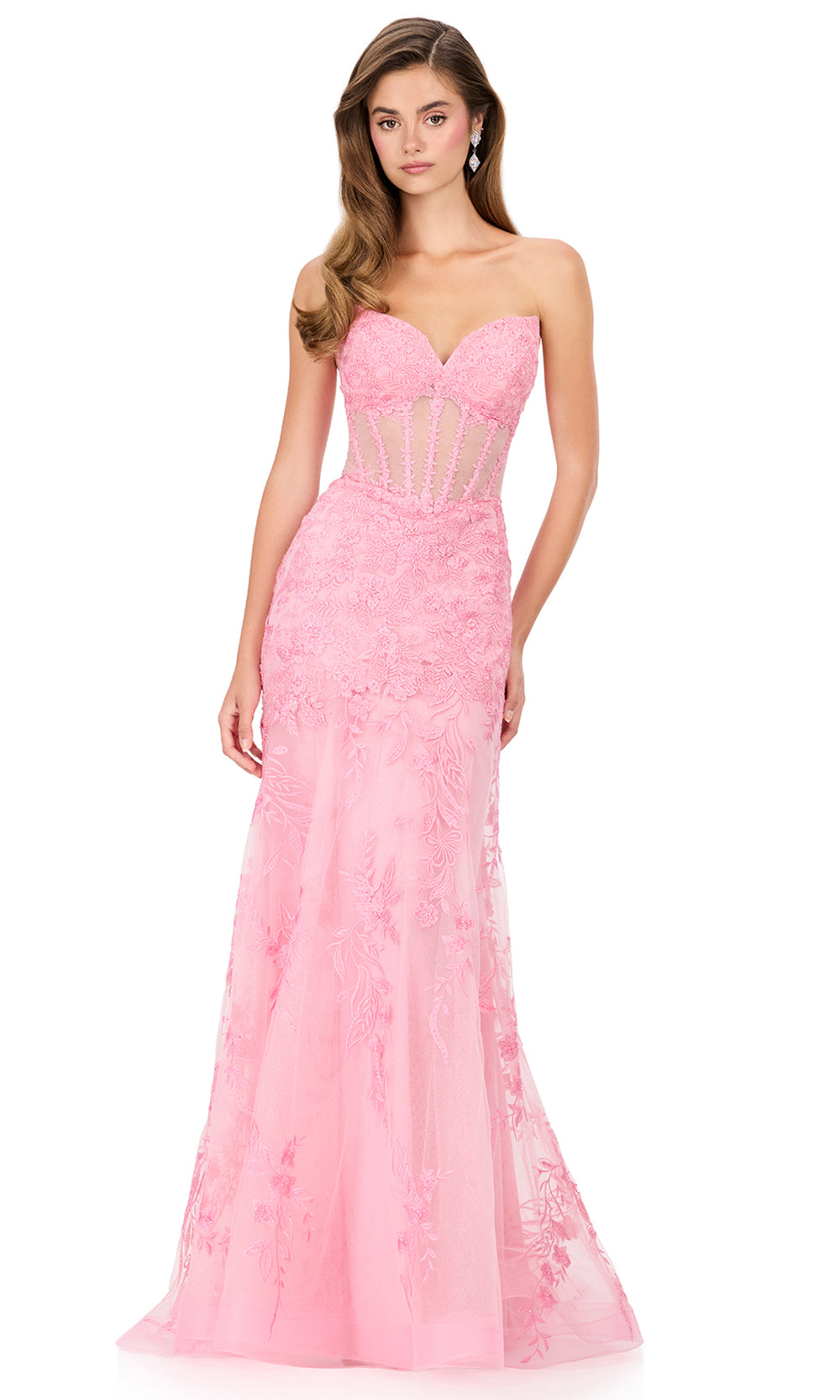 Ashley Lauren 12060 - Sweetheart Neckline Floral Embroidered Gown in Ice Pink