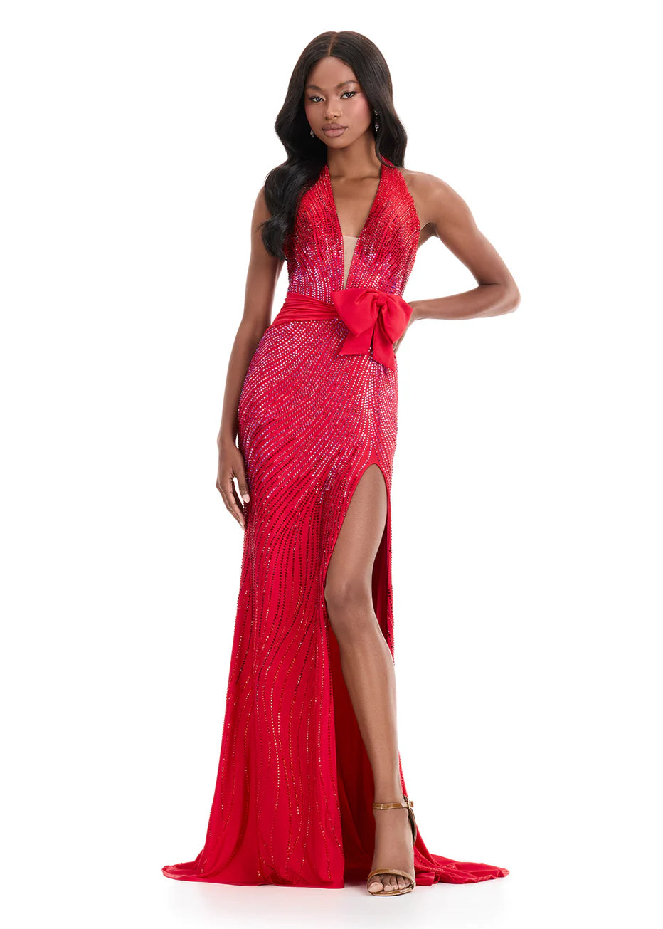 Ashley Lauren 12064 - High Slit Beaded Jersey Evening Gown
