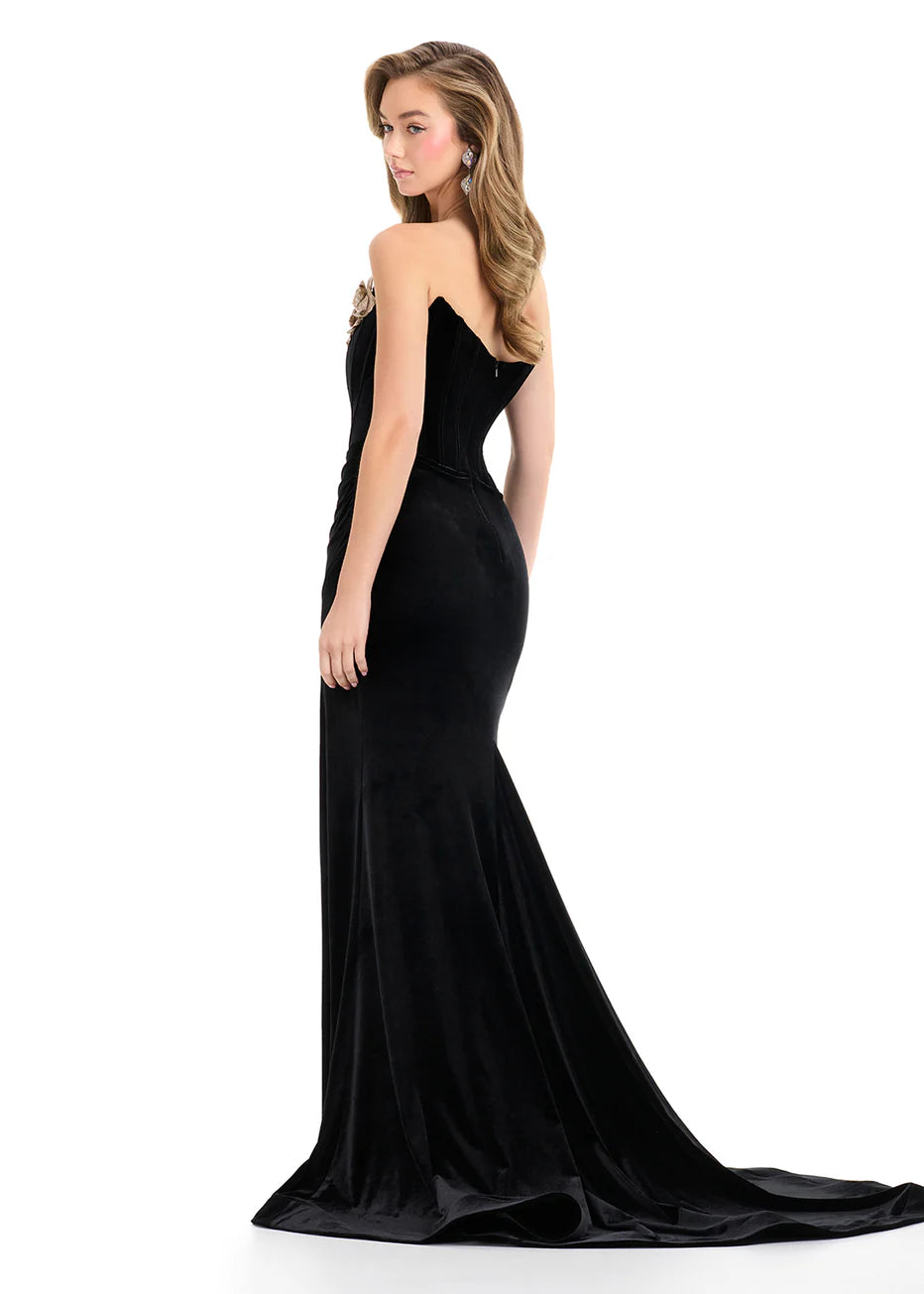 Ashley Lauren 12078 - Strapless Velvet High Slit Gown
