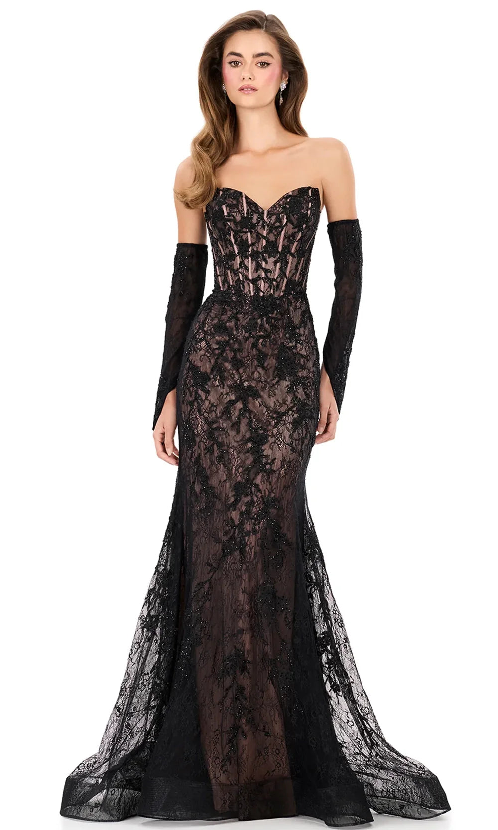 Ashley Lauren 12081 - Strapless Lace Mermaid Gown in Black and Neutral