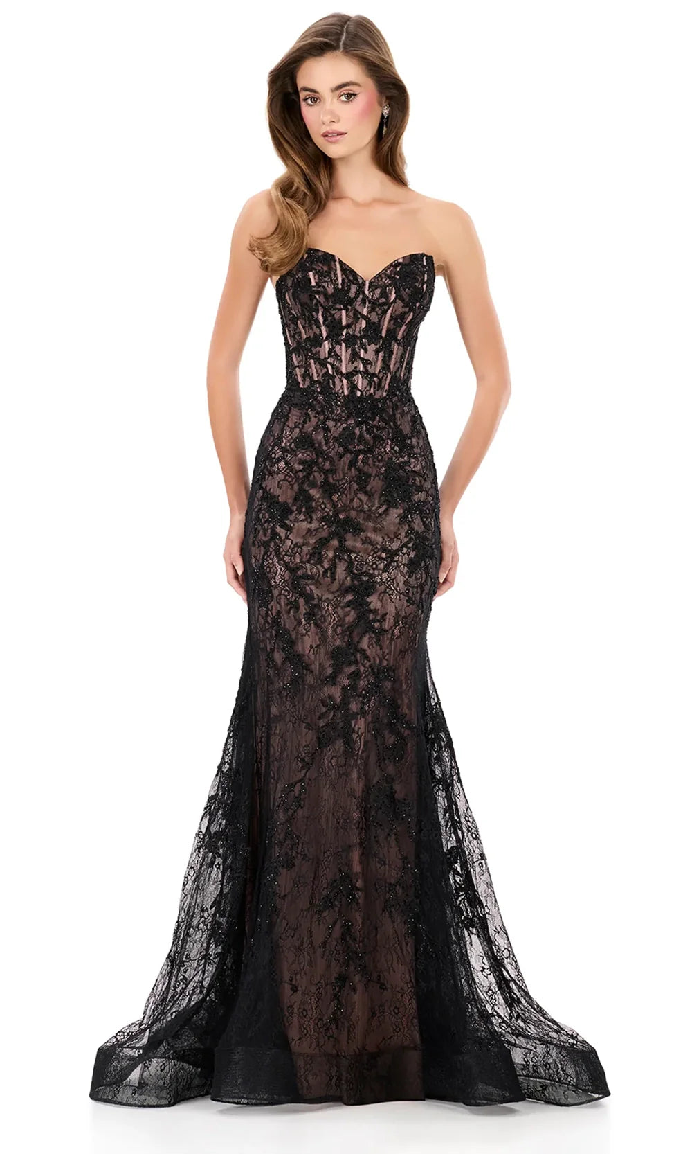 Ashley Lauren 12081 - Strapless Lace Mermaid Gown in Black and Neutral