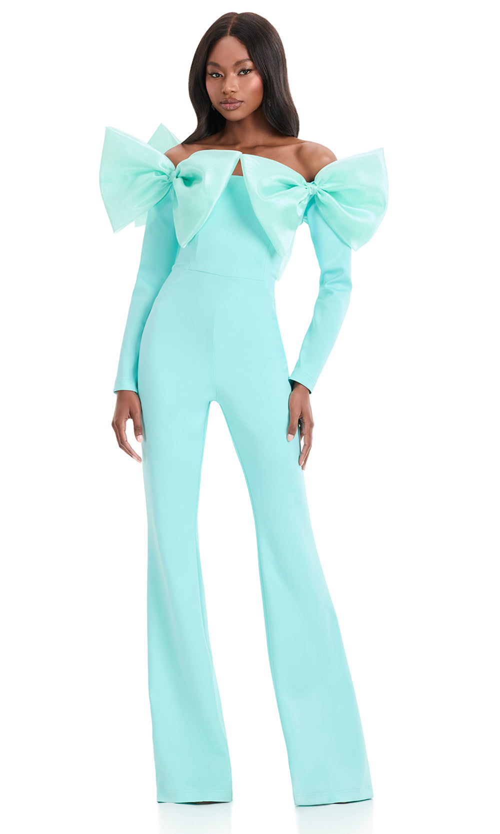 Ashley Lauren 12090 - Oversized Bow Detail Straight Neckline Jumpsuit in Aqua