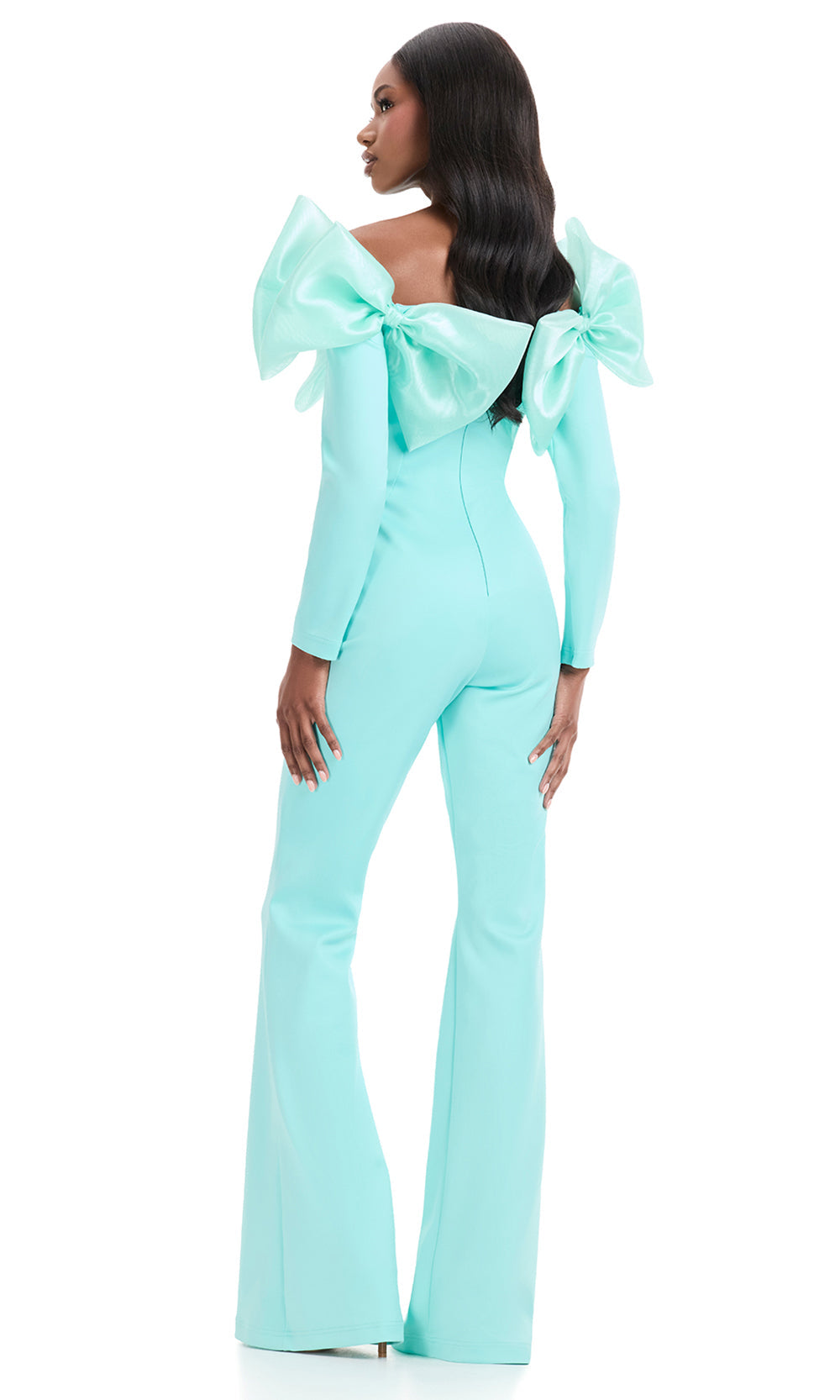 Ashley Lauren 12090 - Oversized Bow Detail Straight Neckline Jumpsuit in Aqua