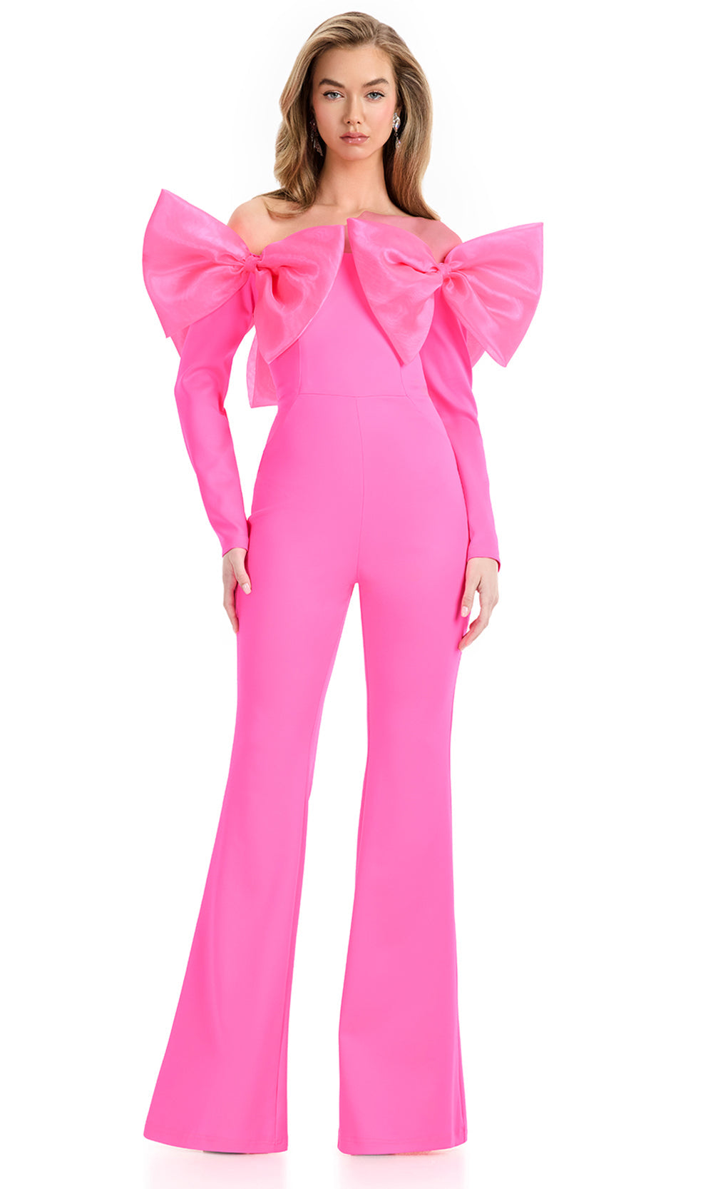 Ashley Lauren 12090 - Oversized Bow Detail Straight Neckline Jumpsuit in Hot Pink