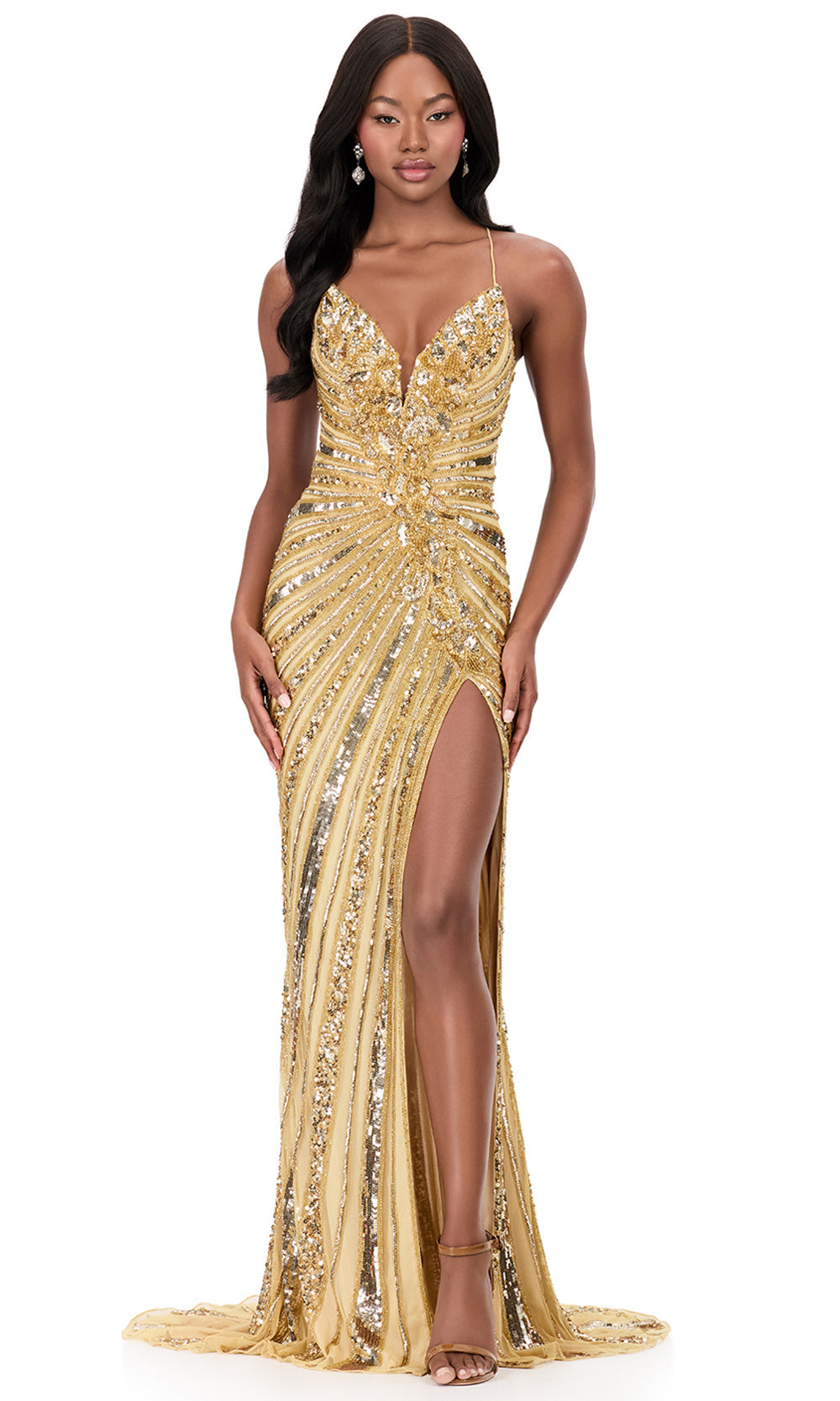 Ashley Lauren 12149 - Beaded Lace-Up Sheath Evening Dress in Gold