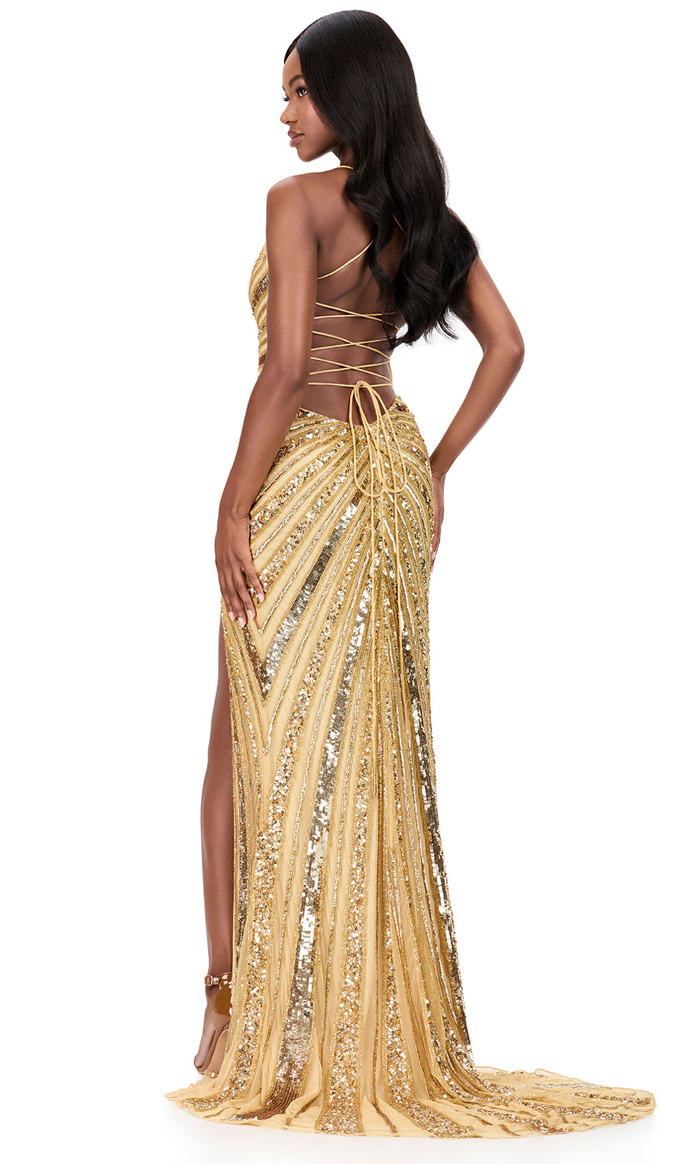 Ashley Lauren 12149 - Beaded Lace-Up Sheath Evening Dress in Gold
