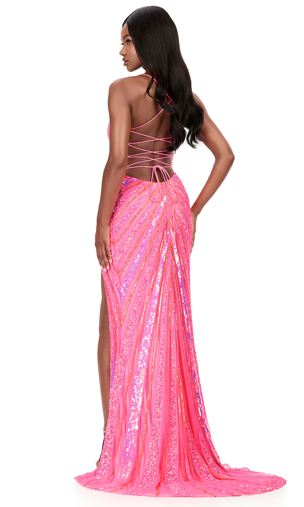 Ashley Lauren 12149 - Beaded Lace-Up Sheath Evening Dress in Hot Pink