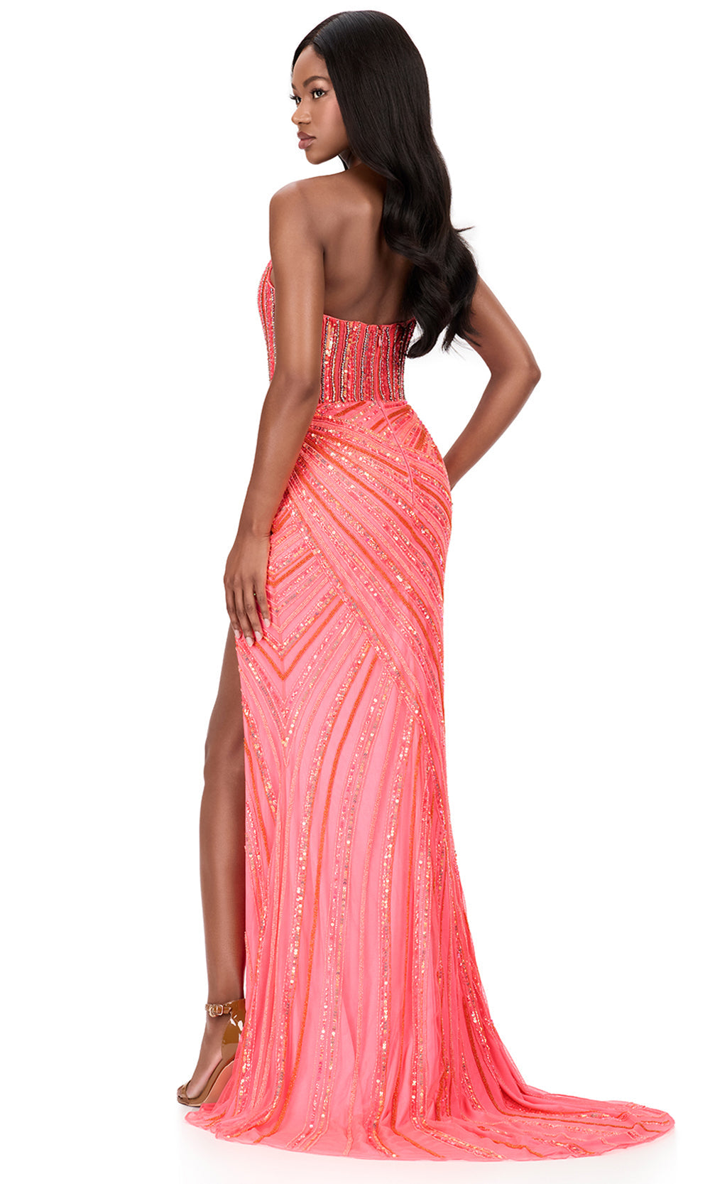 Ashley Lauren 12150 - V-Neckline Beaded Ornate Slit Dress in Electric Pink 

