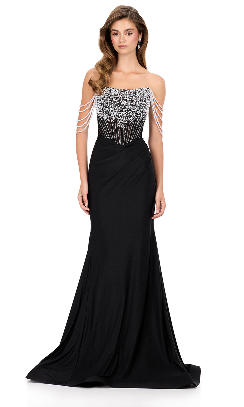 Ashley Lauren 12154 - Pearl Shoulder Sleeve Mermaid Dress in Black