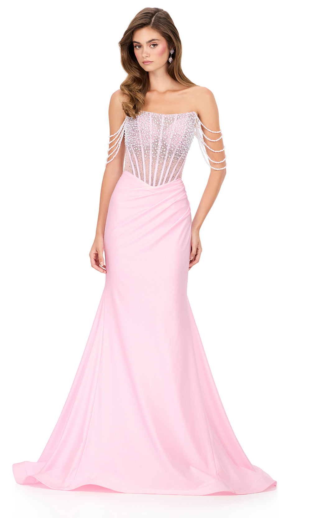 Ashley Lauren 12154 - Pearl Shoulder Sleeve Mermaid Dressin in Ice Pink